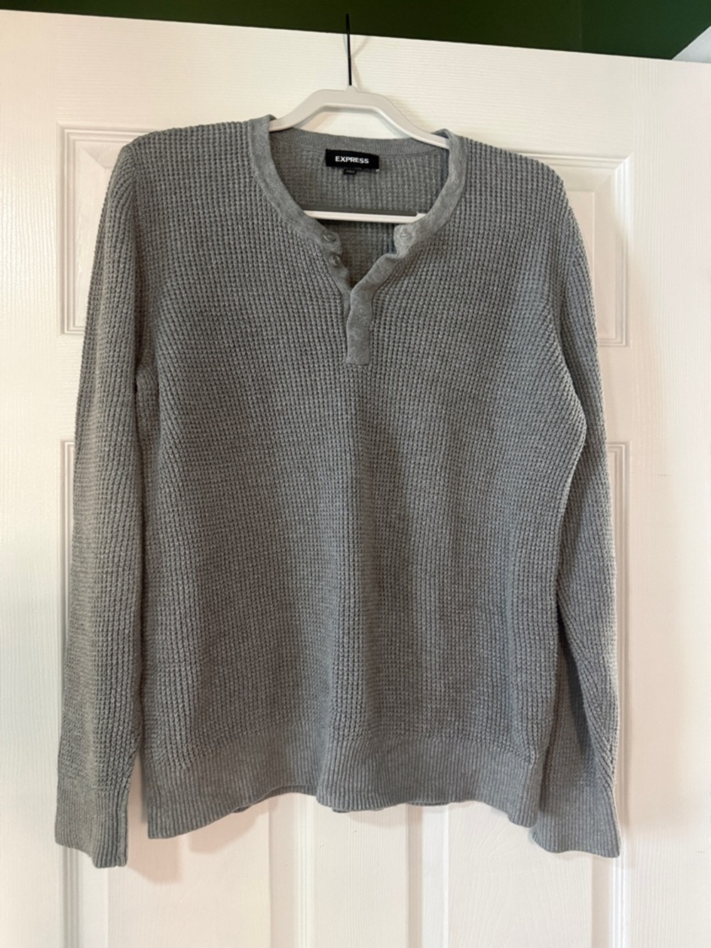Express Men's Gray Waffle-Knit Henley Crewneck Sweater